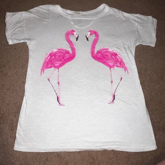 Promesa White Slubbed Tee Pink Flamingos Short Sleeve Cutout Neckline MED USA - Picture 3 of 8